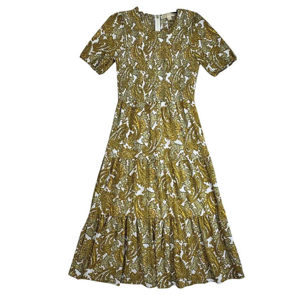 MK Michael Kors Mustard Yellow Floral Maxi Smocked Peasant Dress Size Small